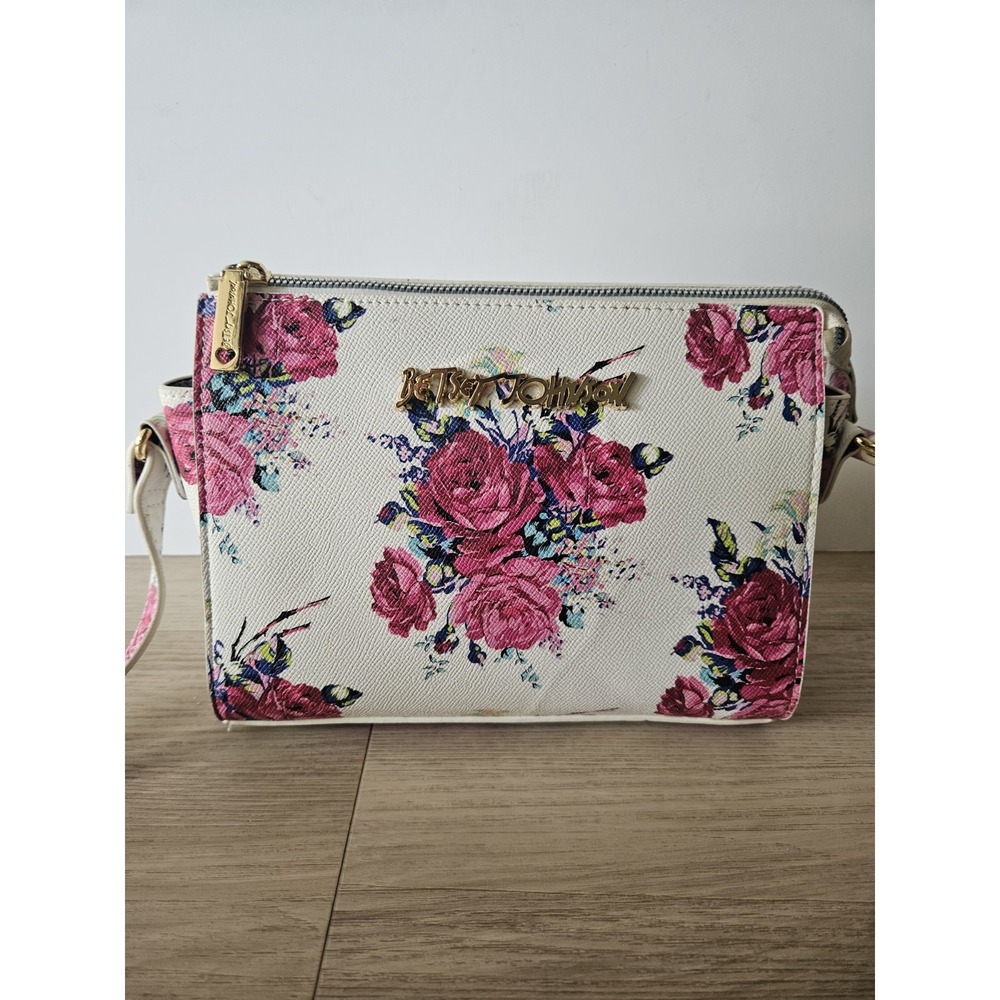 Romantic Floral Faux Leather Crossbody Bag Pink Rose White Camera Shoulder Purse